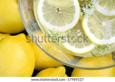 Top view of fresh lemons on a grass and sliced lemons in bowl of water