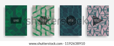 Halftone shapes minimal geometric cover templates set graphic design. Halftone lines grid vector background of triangle, hexagon, rhombus, circle shapes. Future geometric cover card backgrounds