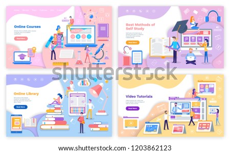 Online source and library, self study and video tutorial vector. People with smartphone laptop getting education, graduation hat and resources in web