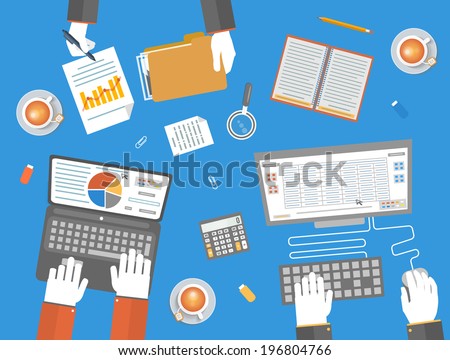 Teamwork business concept in flat design. Business, office and marketing items icons. Hands of team workers with laptop, documents folder, computer, calculator, cup of tea and notebook on table