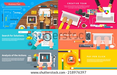 Creative team. Young design team working at desk. Business plan strategy touchscreen presentation. Search for solutions infographics. Businessman working on notebook. Analysis actions. Pay per click