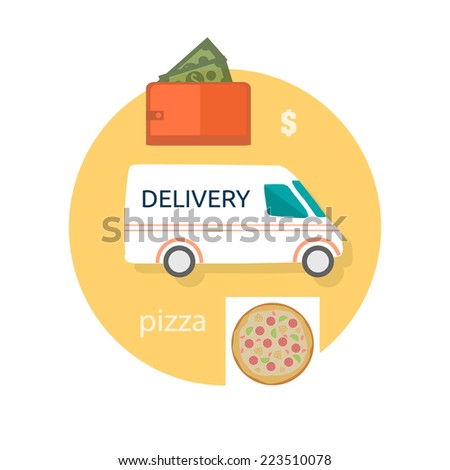 Fast food pizza delivery perfect service fresh ingredients online order purse with money decorative icons in flat design