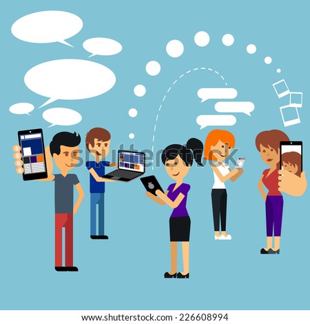 Young people man and woman using technology gadget smartphone mobile phone tablet pc laptop computer in social network communication concept flat design cartoon style with copyspace. Raster version