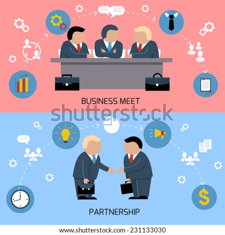 Concept for business meeting, teamwork, partnership with handshake and discussion at the meeting table of businessmen in suits