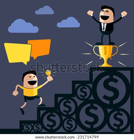 Happy businessman stands on pedestal cup money another person ascends to him steps and holding lightbulb idea cartoon flat design style