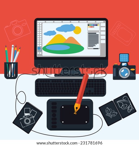 Computer monitor with the screen of the program for design and architecture in flat design. Modern devices set. Web design concept with concepts items icons. Raster version