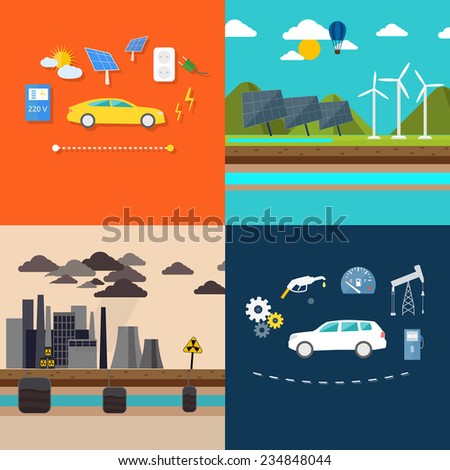 Power plant smokestacks emitting smoke over urban cityscape in cartoon style. Smokestack in factory. Renewable energy like hydro, solar, geothermal. Electric cars and petrol car. Raster version