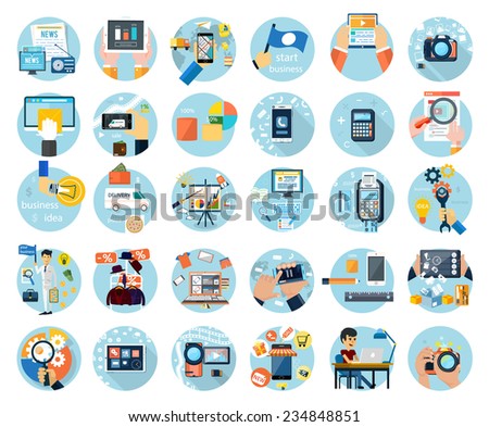 Icons set for web design, digital marketing, delivery, payment, online shop, content, business, social media, clothes sale in flat design. Raster version