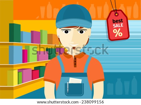 Profession series with young man sales assistant, merchandiser with stylish beard standing in front of supermarket shelves with goods. Raster version