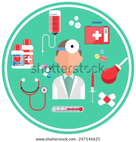Hospital concept with item icons Doctor with first aid kit in flat design style Hospital concept with item icons Doctor with first aid kit in flat design style