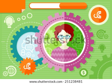 Profession series concept for banking personnel with beautiful woman call-center employee in glasses and headset in circle frame on green with communication pictograms background. Raster version