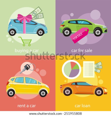 Car loan approved document with dollars money. Buying car concept. Gift car and red ribbon with dollars money. Car sale. Rent a car concept in flat design
