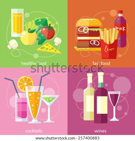 Cocktail drink fruit juice. Organic health food products. Fast food icons of french fries hamburger soda drink. Wine glass and bottle in flat design style on stylish background