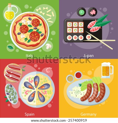 Oktoberfest Germany food. Paella Spanish meal with rice and seafood. Spain food concept. Italian food. Pizza with its ingredients. Japanese sushi traditional Japanese food. Concept in flat design