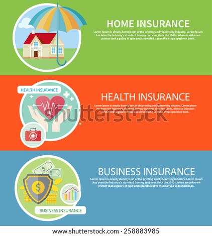 Insurance icons set concepts of home insurance, health insurance, business risk insurance. Concepts in flat design