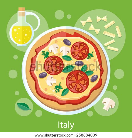 Italian food. Pizza with its ingredients. Concept in flat design