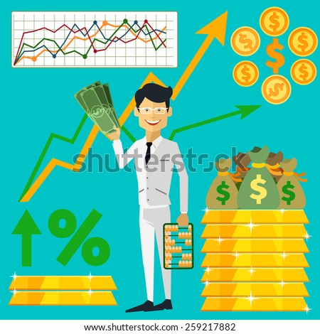 Happy man trader holding dollars in hand and near him on background gold bars and graph arrow indicators up flat design style. Raster version