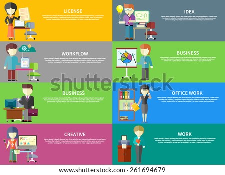 Set of peoples office professions on banners. Concepts of license, idea, workflow, business, office work, creative, work. Concept in flat design style