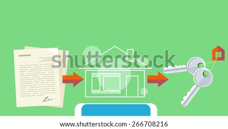Approved mortgage loan application with house key and home. Concept in flat design cartoon style on stylish background. Raster version