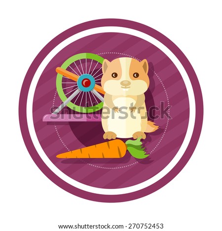 Golden hamster eating carrot near round cells. Concept in cartoon style. Raster version