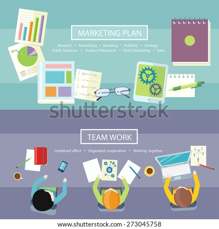 Team work coworking concept. Co-working item icons. Business meeting top view in flat design. Notebook with text marketing plan, research, advertising, branding, publicity, strategy, public relations
