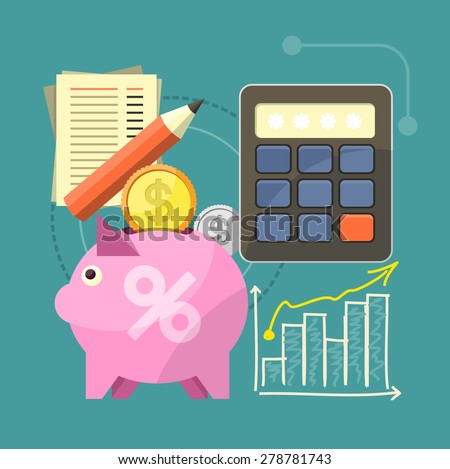 Accounting with digitial caculator. Financial management concept with item icons graph, pig, calculator, document page in flat design. Raster version