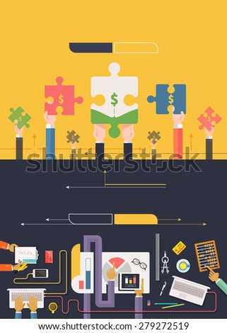 Analyzing financial data investment and charts on banners with buttons in flat design. Hands with puzzles. Creative team work top view. Web banners marketing and promotional materials. Raster version