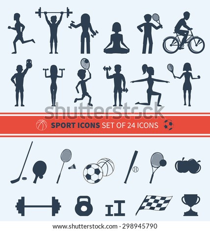 Icons set of man and woman doing warm-up and exercises with kettlebell, barbell and dumbbells. People jogging, practising yoga, playing basketball and tennis black icons. Raster version