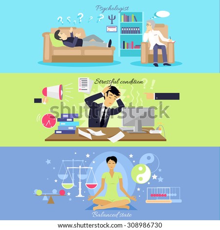 Psychological human mental balance. Psychologist and stressfull condition state, mental emotion, psychology health, personality disorder, stress and depression feeling illustration