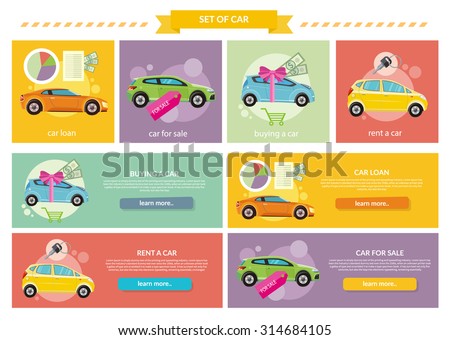 Set of cars concepts. Car loan approved document with dollars money. Buying car concept. Gift car and red ribbon with dollars money. Car sale. Rent a car concept in flat design