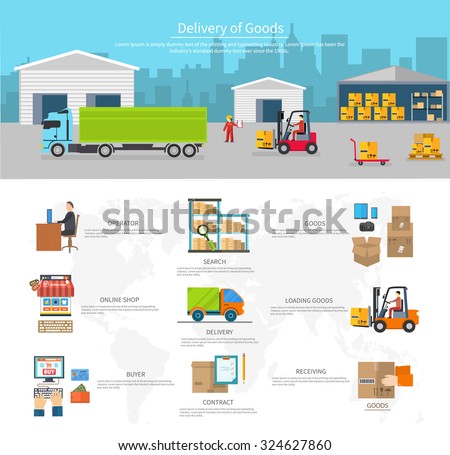 Delivery of goods logistics and transportation. Buyer and contract, loading and search, operator shop on-line, logistic and transportation, warehouse service illustration