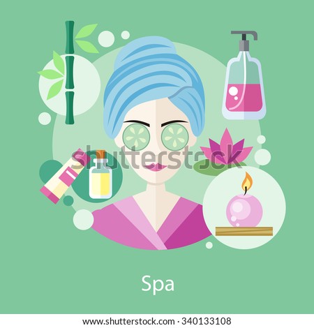 Spa salon concept flat style design. Hair salon, beauty salon, salon icons, salon logo, beauty spa, girl fashion, care and glamour, woman face health, makeup person, skin facial illustration