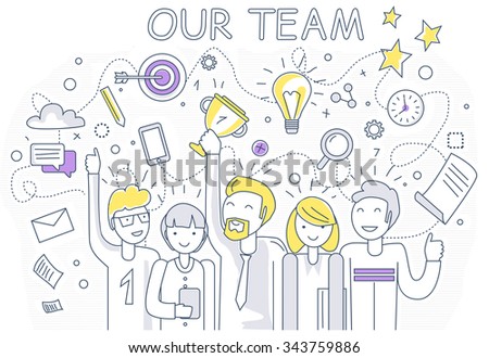 Our success team linear design. Teamwork and business team, our team business, office team, business success, work people, company and leadership, businessman and worker, resource office illustration
