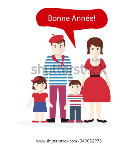 French people congratulations happy New Year. Family with child wish, national greeting country, person ethnic, traditional character clothes illustration