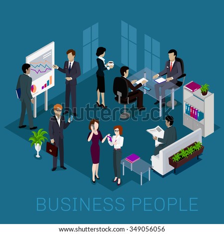 Isometric business people design. Business meeting, business man, group of business people, business team, businessman work, woman worker, office illustration