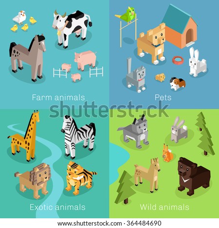 Wild exotic and farm animal set isometric. Pet dog bird, animals vector, cartoon animals, cat and lion, horse and tropical wildlife, mammal creature illustration. Isometric animal set