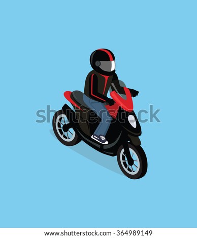 Flat 3d isometric motorcyclist on motorcycle. Motorbiker with motorcycle. Isometric motorcycle. Motorcycle isometric motor bike. Detailed illustration of isometric scooter. Isometric biker top view