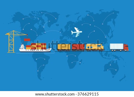 Shipping, delivery car, ship, plane transport on a background map of the world. Delivery vector truck. Delivery service van, ship, train, air. Delivery transport icon. Fast delivery concept. Delivery