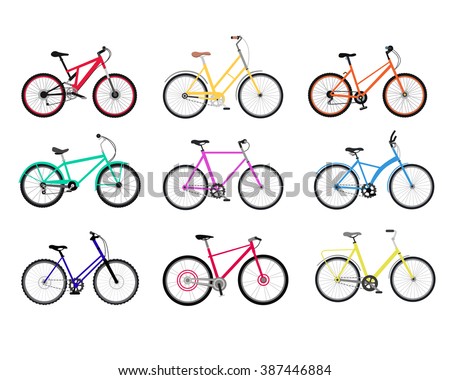 Bicycle set design flat isolated. Bike and bycicle, cycling and bicycle isolated, bicycle race, bicycle wheel, bicycle sport, transportation bicycle, mountain bicycle, travel bicycle illustration