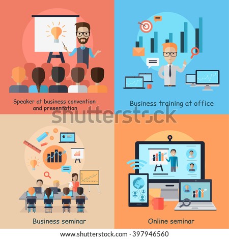 Business online seminar banner concept. Set of banners speaker at business convetion and presentation, business training office and training and web study course tutorial. Vector illustration