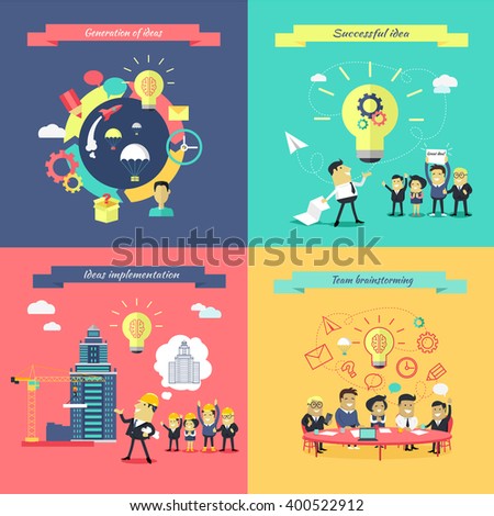 Generation of ideas banners set. Brainstorming team implementation idea banner, teamwork get successful achievement of startup, business inspiration with creativity innovation. Vector illustration