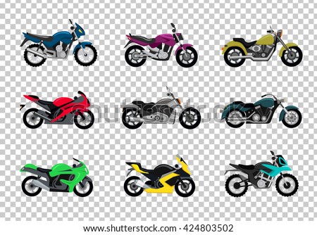 Set of motorcycle design flat style. Motorbike and bike, motorcycle isolated, motorcycle and motor, engine cycle, travel motorcycle, power moto, speed vehicle transport, transportation illustration