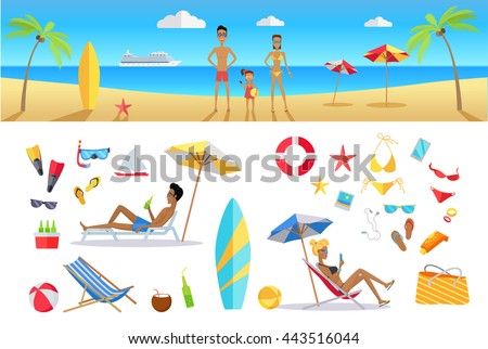 Big set summer vacation items in flat design. Leisure with family on tropical sunny beach with palm trees vector illustration. Variety of things for entertainment on beach and water in flat design.