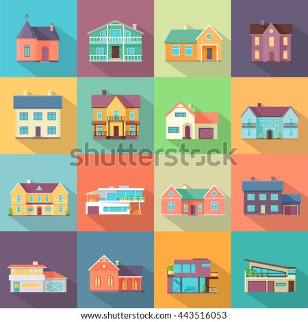 Set houses, buildings, and architecture variations in flat style design with long shadow. Modern city architecture concept. Different modern design structures vector illustration.
