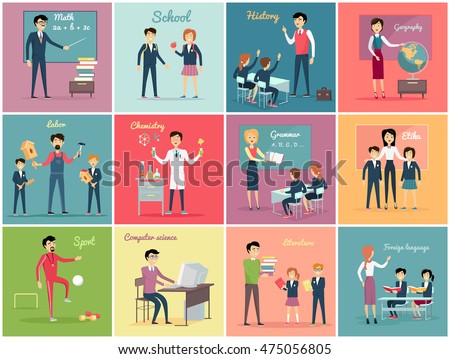 Teachers day. Set the teaching profession math and history, geography and labor, chemistry and grammar, etika and literature. Collection banner with people occupation flat design. Vector illustration