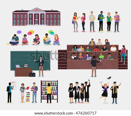 Set of Student Education. Students in audience, student in library, lecture, reading, learning process, doing homework, graduate student in graduation cap and gown, College education background
