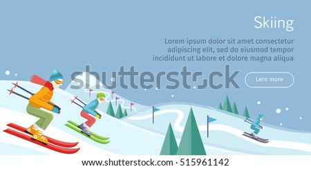 Skiing web banner. Skiers on snowy slope competition. Person skiing flat style. Winter season recreation sport activity. Slalom sport ski race. Athletes on downhill. Extreme speed skiing. Vector