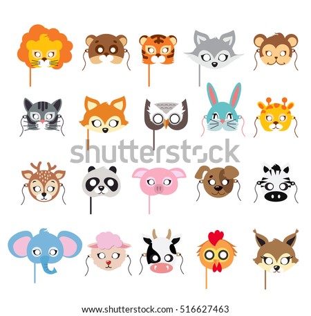 Collection of different animal masks on face. Mask of lion, bear, tiger, rabbit, monkey, cat, fox, owl, hare, giraffe, deer, panda, pig, dog, zebra, elephant, sheep, cow, squirrel. Flat desing. Vector
