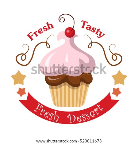 Fresh tasty dessert. Fruit cupcake with one cherry on top of it. Sweets. Baked cake with chocolate filling and pink airy cream in simple cartoon style. Light baking form. Colourful bun logo. Vector