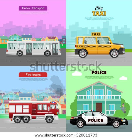Transport. Collection of four pictures. Urban public transport in city. White long passengers bus. Red fire truck on six wheels. Police car near bank. Taxi on road. Simple cartoon design. Vector